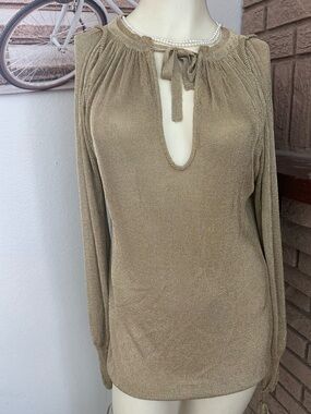 sass & bide Metallic Gold Knit Top with Tie Neck